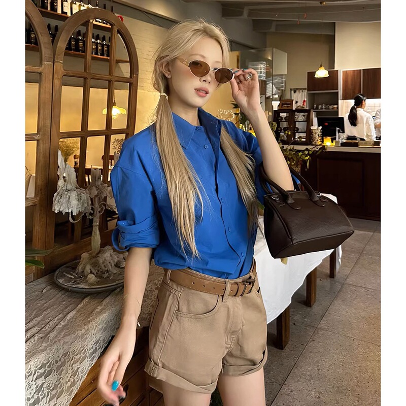 8Uioio "Prussian Blue" Klein Blue Long-Sleeved Shirt for Women, Korean Style Spring Shirt with a Sense of Design 8Uioio "Prussian Blue" Klein Blue Long-Sleeved Shirt for Women, Korean Style Spring Shirt with a Sense of Design
