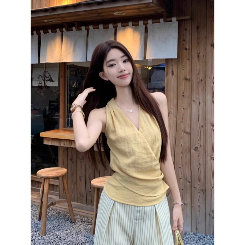 Dopamine Yellow Cross V-Neck Halter Vest Women's Summer Outer Wear Design Strap Waist Short Sleeveless Top