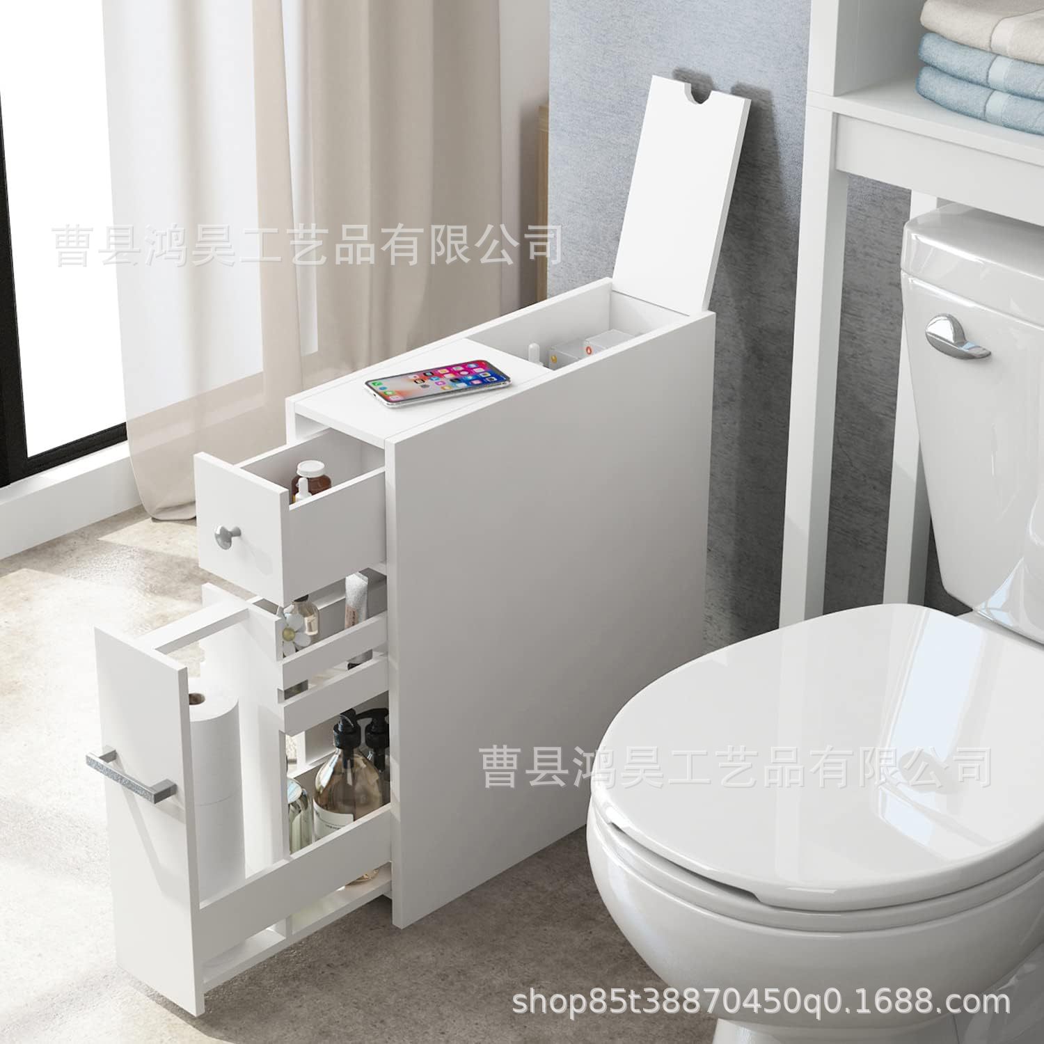 木制浴室纸巾收纳柜白色厕所马桶侧边置物柜多用途抽拉式收纳柜