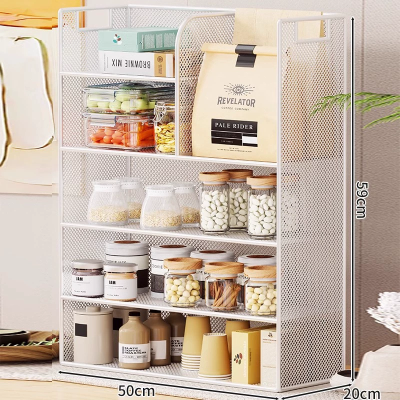 Desktop Storage Rack, Multi-Layer Mesh Frame with Oak/Teak Shelves, 2–5 Tier Options