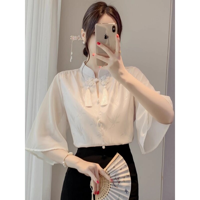 New Chinese Style Jacquard Tassel Button Collar Shirt 2025 Summer Short Sleeve National Style Horn Sleeve Chiffon Shirt A3527