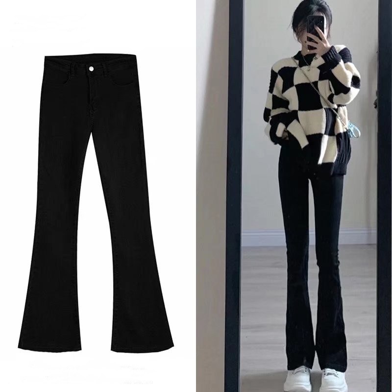 Damen-Jeans mit hohem Bund und ausgestelltem Bein, figurschmeichelnd für kleine Größen, schwarz, Hufeisenform, neuer Stil für Frühling und Herbst_voghion.com