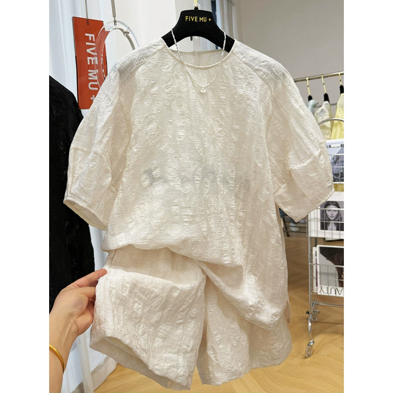 3730 популярный женский модный костюм, рубашка с короткими рукавами и шорты с текстурной вышивкой, полный комплект летних тонких нарядов