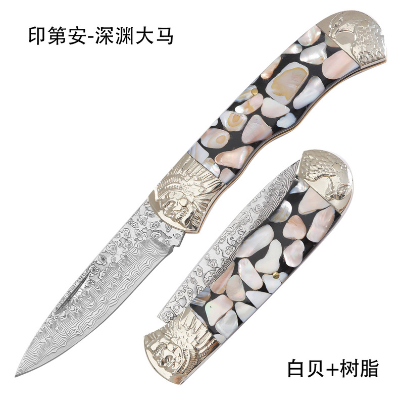 ホット販売インディアンダマスカス折りたたみナイフ高硬度シャープフルーツナイフポータブル自己防衛キャンプナイフ肉ナイフ|undefined