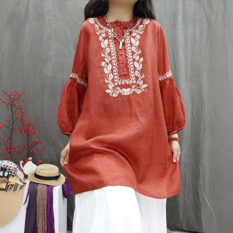2026 Spring/Summer Vintage Ramie Heavy Embroidery Artistic Versatile Top Loose Stylish Mid-Length Casual Shirt Dress 2026 Spring/Summer Vintage Ramie Heavy Embroidery Artistic Versatile Top Loose Stylish Mid-Length Casual Shirt Dress