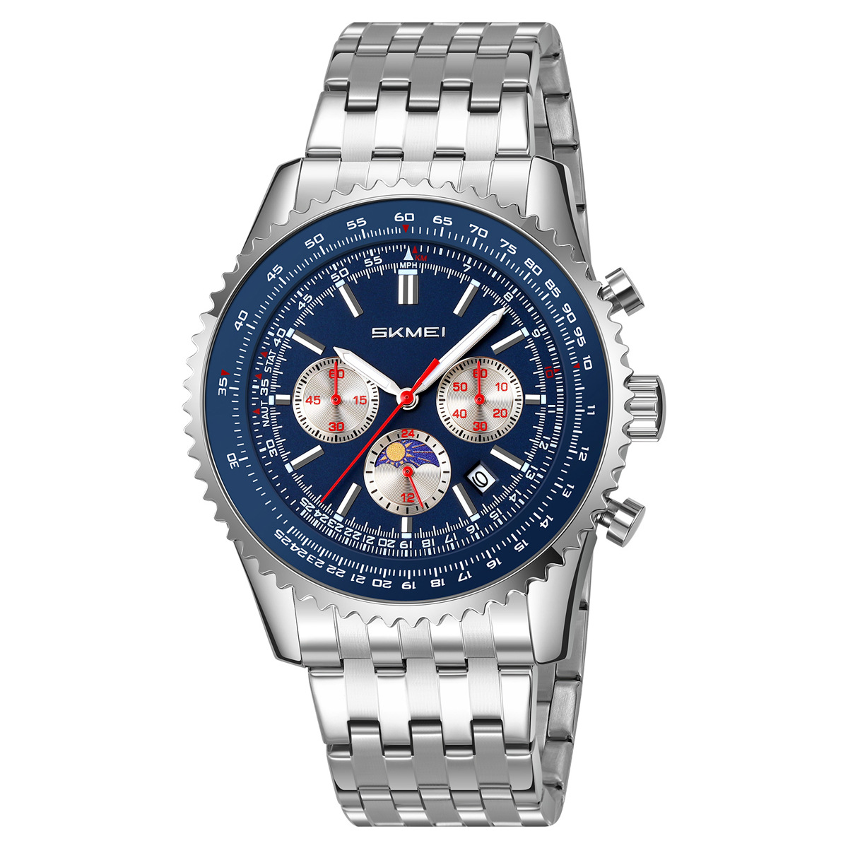 Momento de los Estados Unidos transfronterizos para hombres reloj de acero correa de tres ojos seis agujas multifuncional reloj de pulsera horario de estrellas al por mayor