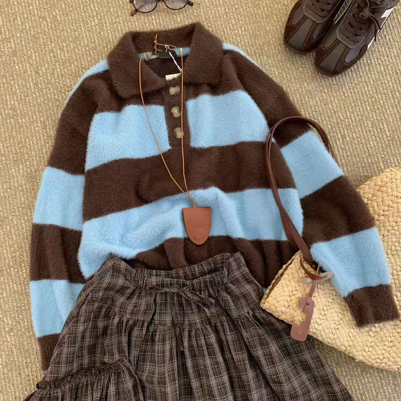 Korean Wide Stripesd Polo Collar Imitation Mink Pullover Knitwear for Women in Autumn and Winter Loose Lazy Soft Waxy Knitwear Thick Top