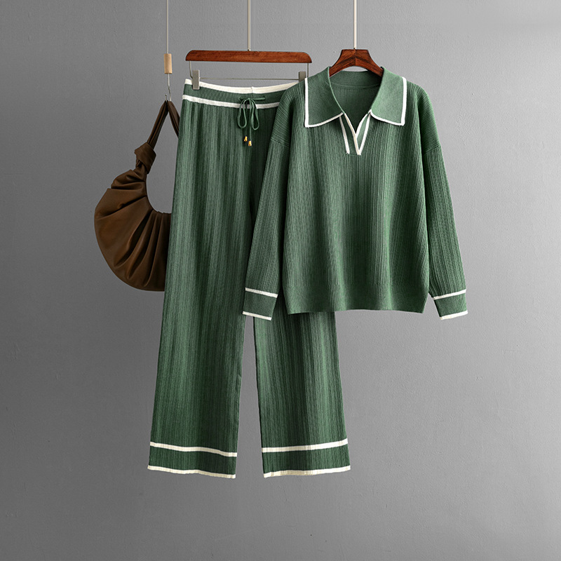 Autumn Winter Polo Collar Contrast Color Casual Set High Waist Slimming Knitted Two Piece Set