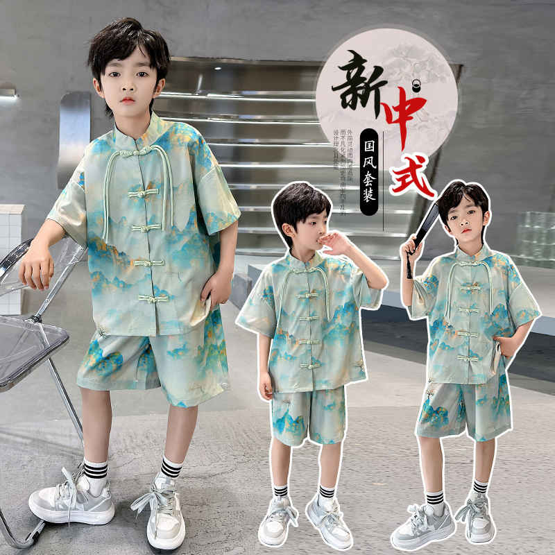 男童新中式漢服夏季潮款薄痞帥兒童短袖襯衫套裝寶寶中國風唐宋裝
