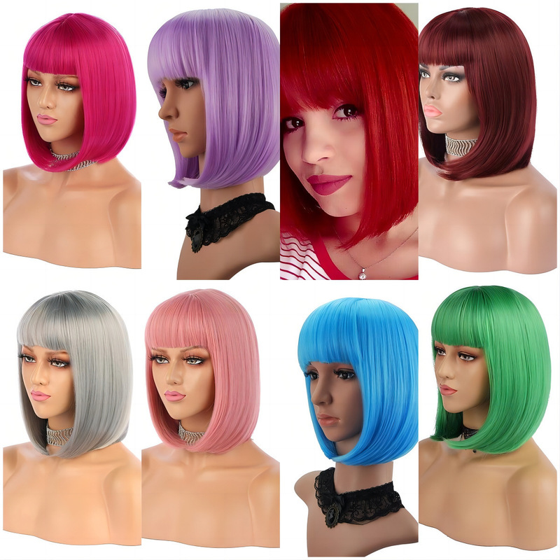 Holiday Prom Party Wig for Women with Short Hair, Bangs Bobo Bob Short Straight Hair Anime Cos Colorful Hair