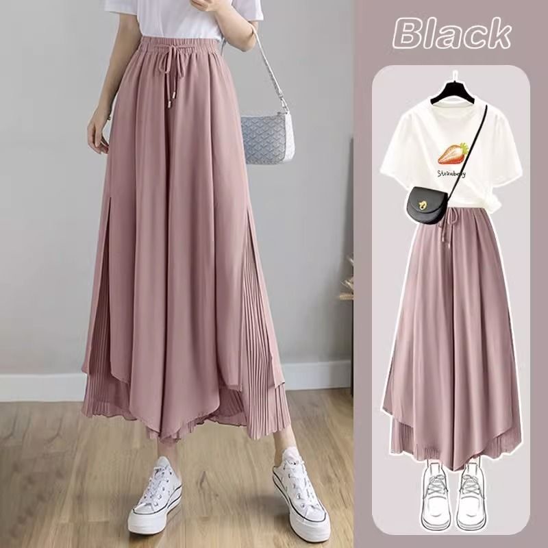 Chiffon Nine-Point Ice Silk Wide-Leg Pants for Women Summer 2024 Thin Culottes Drapedy High-Waisted Pleated Elegant Casual Pants Skirt