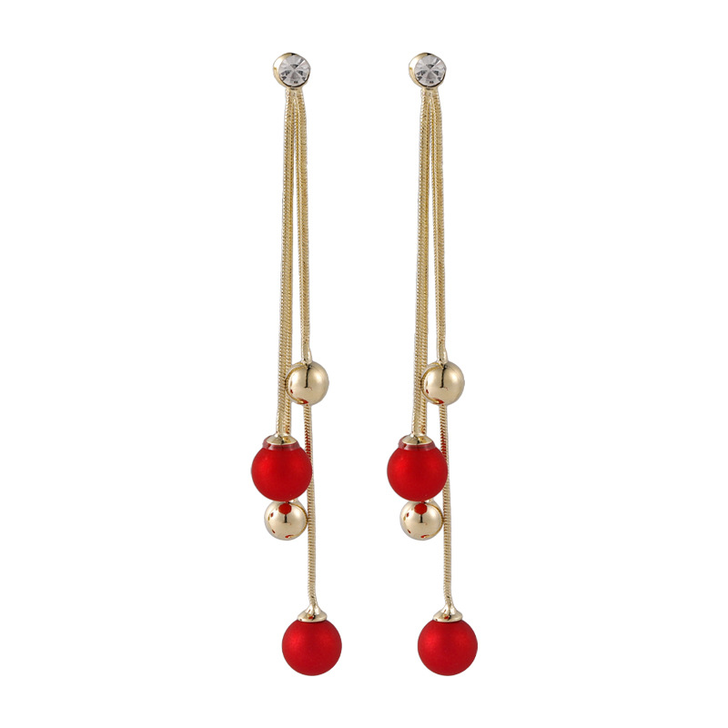 New Red Bead Petal Tassel Earrings display picture 3