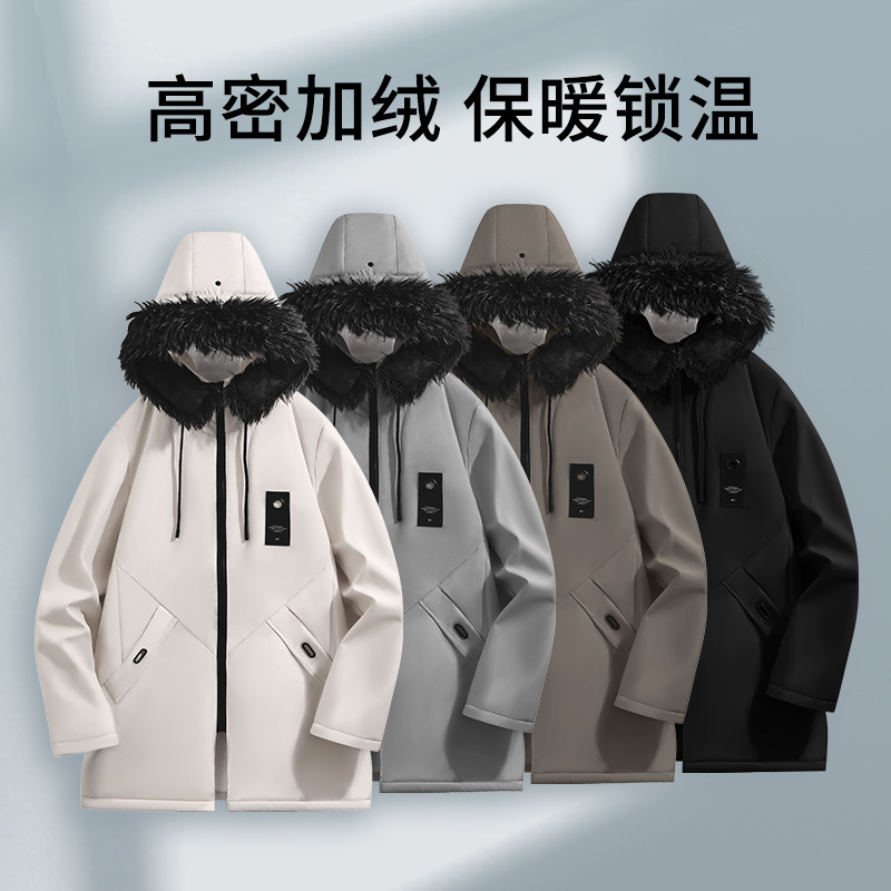 알리 후 남자의 겨울 새 후드 기모 모피 칼라 라인 양고기 양털 긴팔 자켓이있는 중간 길이의 윈드 브레이커