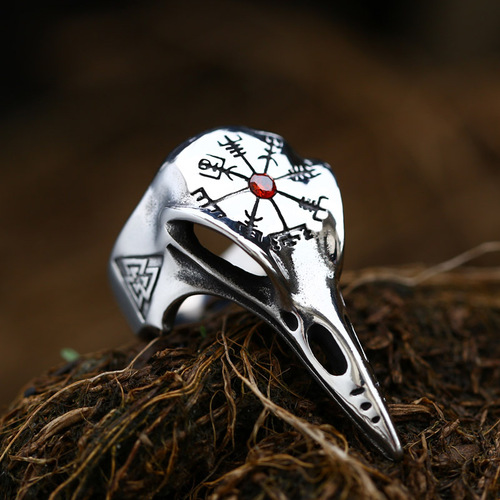  New Viking Crow Gemstone Stainless Steel Ring European and American Retro Compass Titanium Steel Men's Ring