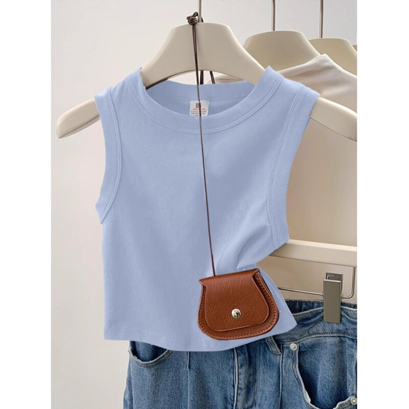 Dopamine Light Blue Summer Vest for Women 2025 New American Style Sleeveless Round Neck Slim Fit Top