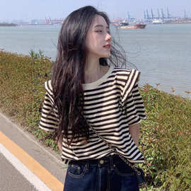 100%纯棉条纹短袖正肩T恤女2025新款潮设计感小众别致甜辣上衣ins