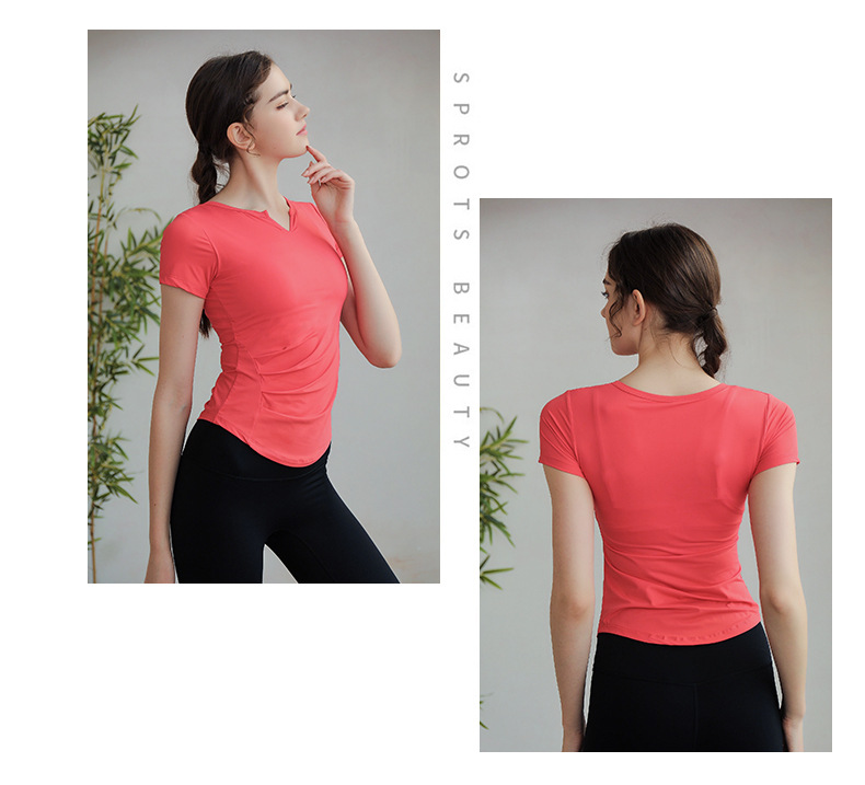 新款瑜伽服-运动上衣女-短袖T恤女跑步运动紧身透气V领健身服