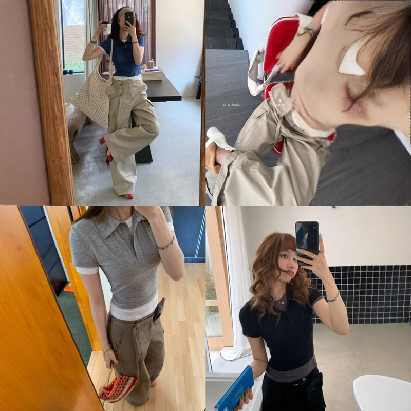 2025 Summer New Retro Simple Contrast Color POLO Real Two-piece Short-sleeved T-shirt Women's Slim-fit Slimming All-match Top