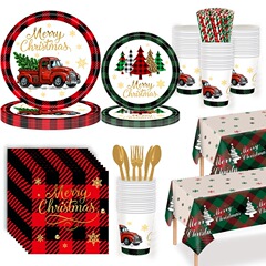 红绿圣诞节派对餐具套装 Merry Christmas一次性纸杯纸盘纸巾桌布