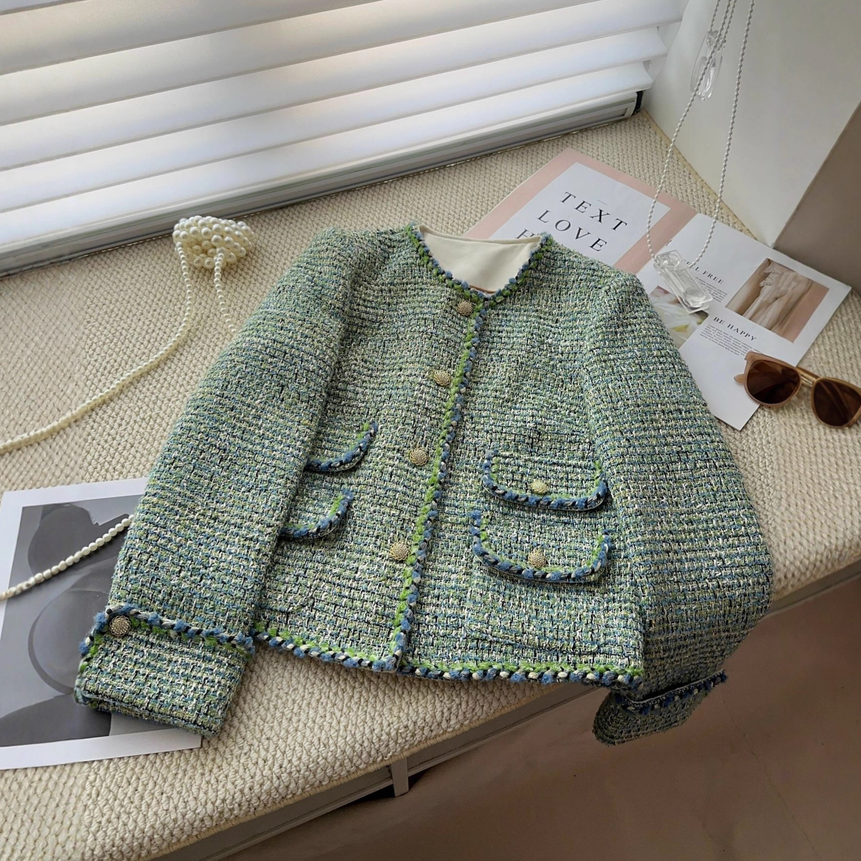 French-Style Matcha-Colored Chanel-Inspired Jacket for Women, Autumn and Winter Design, Socialite Temperament, Pocket Tweed Top A71861