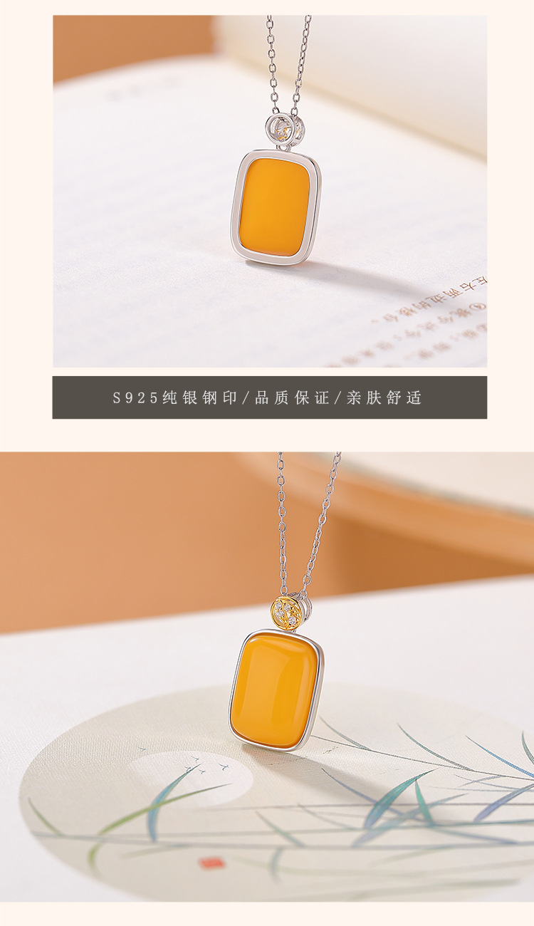 Mặt dây chuyền bạc S925 mạ vàng mật ong hình lá tre phong cách hình học đơn giản — Loại bạc (không bao gồm dây xích) chi tiết 7