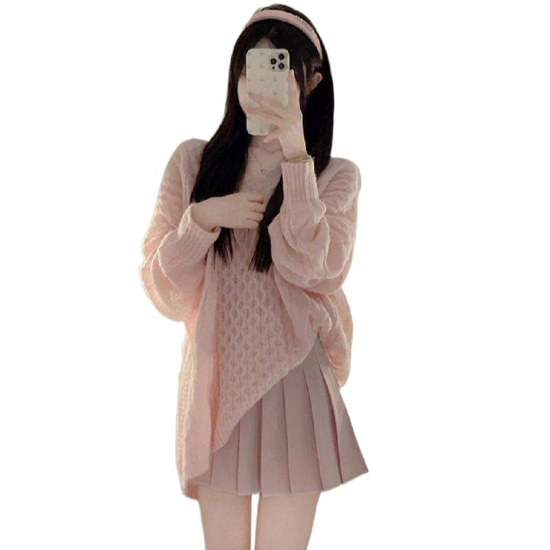 春秋粉色毛衣套装女秋季系穿搭小个子炸街两件套辣妹温柔风毛衣女|undefined