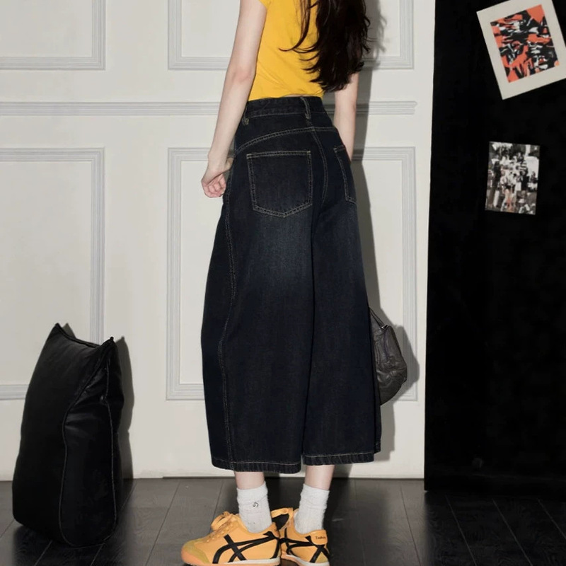 2026 New American-style loose denim cropped pants for women, summer curved cut petite eight-point shorts, wide-leg pants