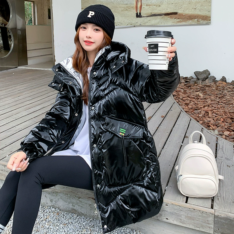 Long winter glossy fashionable down jacket with hood with down, mid-length, 2023, European style