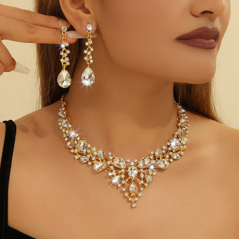 Cross-border Explosions European and American Rhinestone Bride Necklace Earrings suit Banquet Party Exaggerated Fashion Women's Dress Matching