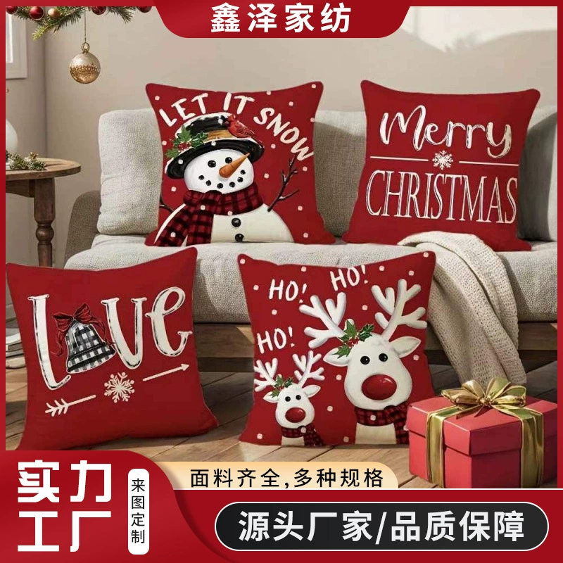 跨境新款圣诞节老人雪人印花抱枕套客厅沙发卡通图案靠垫套抱枕套