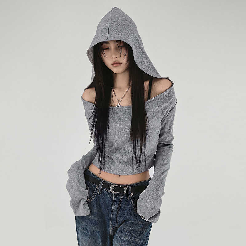 2026 Lazy Retro American Style Hottie Off-Shoulder Hooded Long-Sleeved T-Shirt for Women Gray Off-Shoulder Sexy Short Top 2026 Lazy Retro American Style Hottie Off-Shoulder Hooded Long-Sleeved T-Shirt for Women Gray Off-Shoulder Sexy Short Top