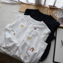 [比正]2025夏季新品韩版女装圆领宽松卡通刺绣短款抽绳衬衫4318