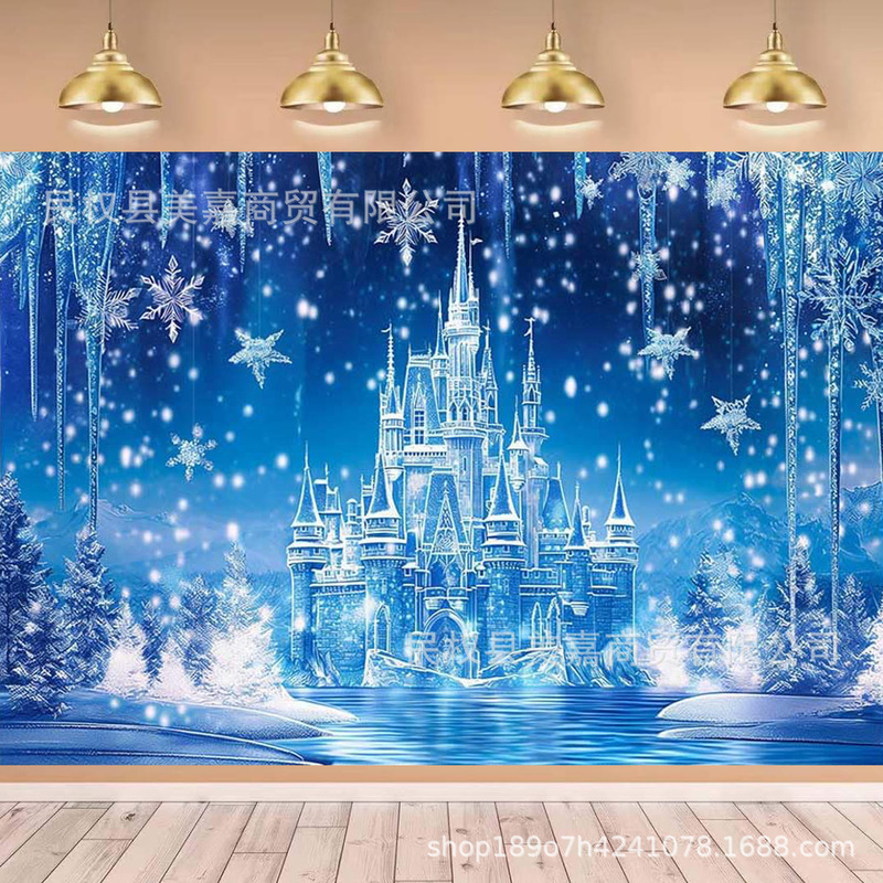 Amazon Ice and Snow Castle Theme Background Cloth Winter Fairy Mirror Snowflake Outdoor Layout Scene Photo Decoration Banner