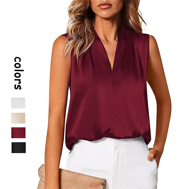 Women's Clothing American Women's Summer Sleeveless Satin Vest Casual V Neck Pleated Shirt Commuter Style 2026_ecoleips.com