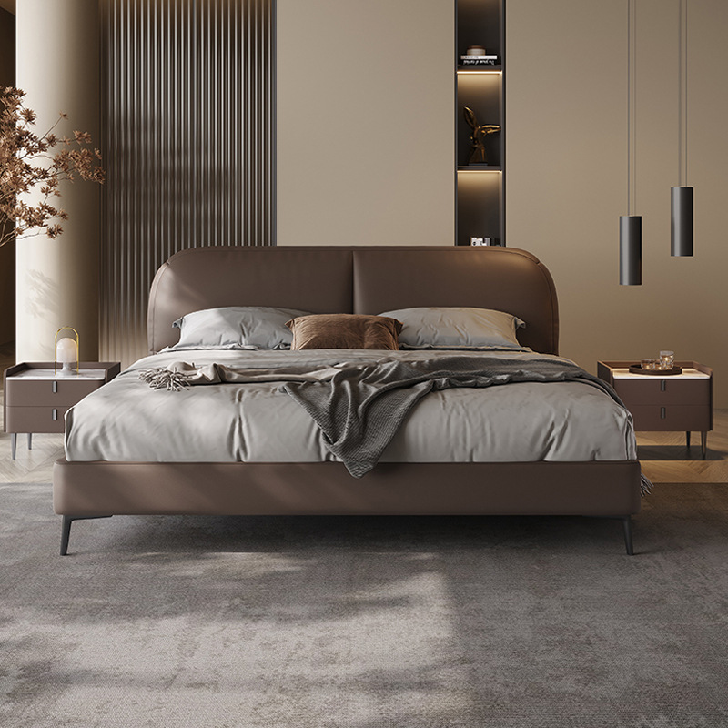 Italiano minimalista de cuero genuino cama diseñador dormitorio principal primera capa de piel de vaca simple suave cama cubierta azul borde gordo cama doble