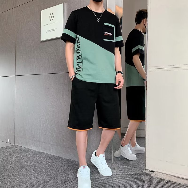 Traje deportivo de los hombres ocasionales de verano delgado de manga corta pantalones cortos de dos piezas de secado rápido de los hombres corriendo ropa deportiva comercio exterior