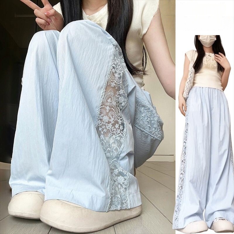 跨境货源慵懒风蕾丝拼接镂空山本裤女夏季休闲高腰垂感奶芙阔腿裤|undefined