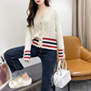 2023 Spring new pattern Korean Edition Easy knitting Cardigan French Retro Twist V-neck Versatile stripe sweater coat