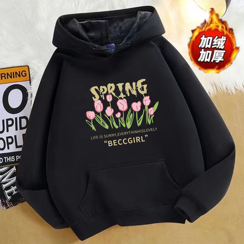 Factory wholesale fleece-lined thickened printed black hooded sweater men's couple wear autumn and winter men's and women's same top Factory wholesale fleece-lined thickened printed black hooded sweater men's couple wear autumn and winter men's and women's same top