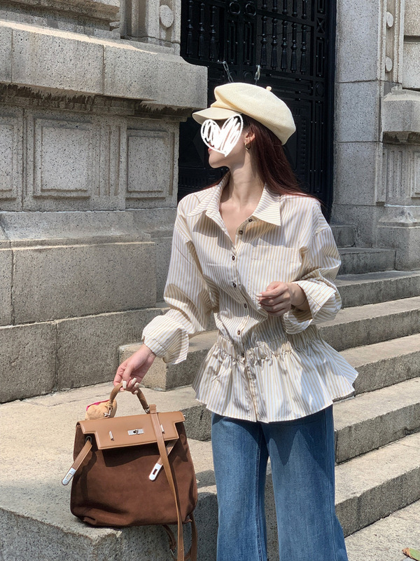 大码韩系条纹衬衫女秋季新款胖mm遮肚显瘦设计感小众收腰长袖上衣|undefined
