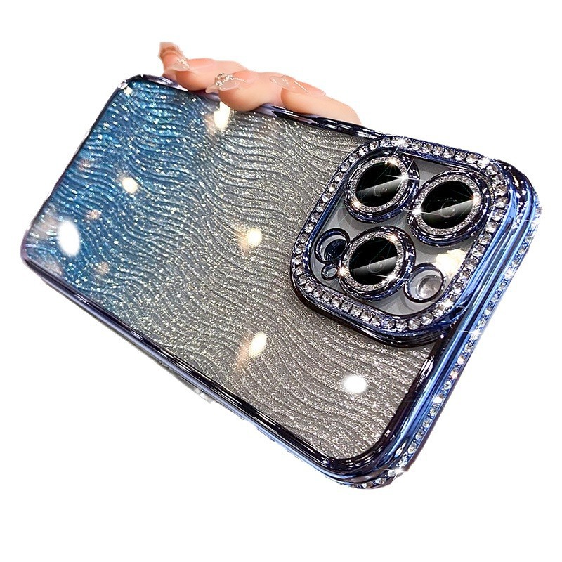 Brillante diamante de agua galvanizado para iPhone17PRO caso de teléfono celular agua ondulado polvo flash gradiente manzana 16 caso suave 14