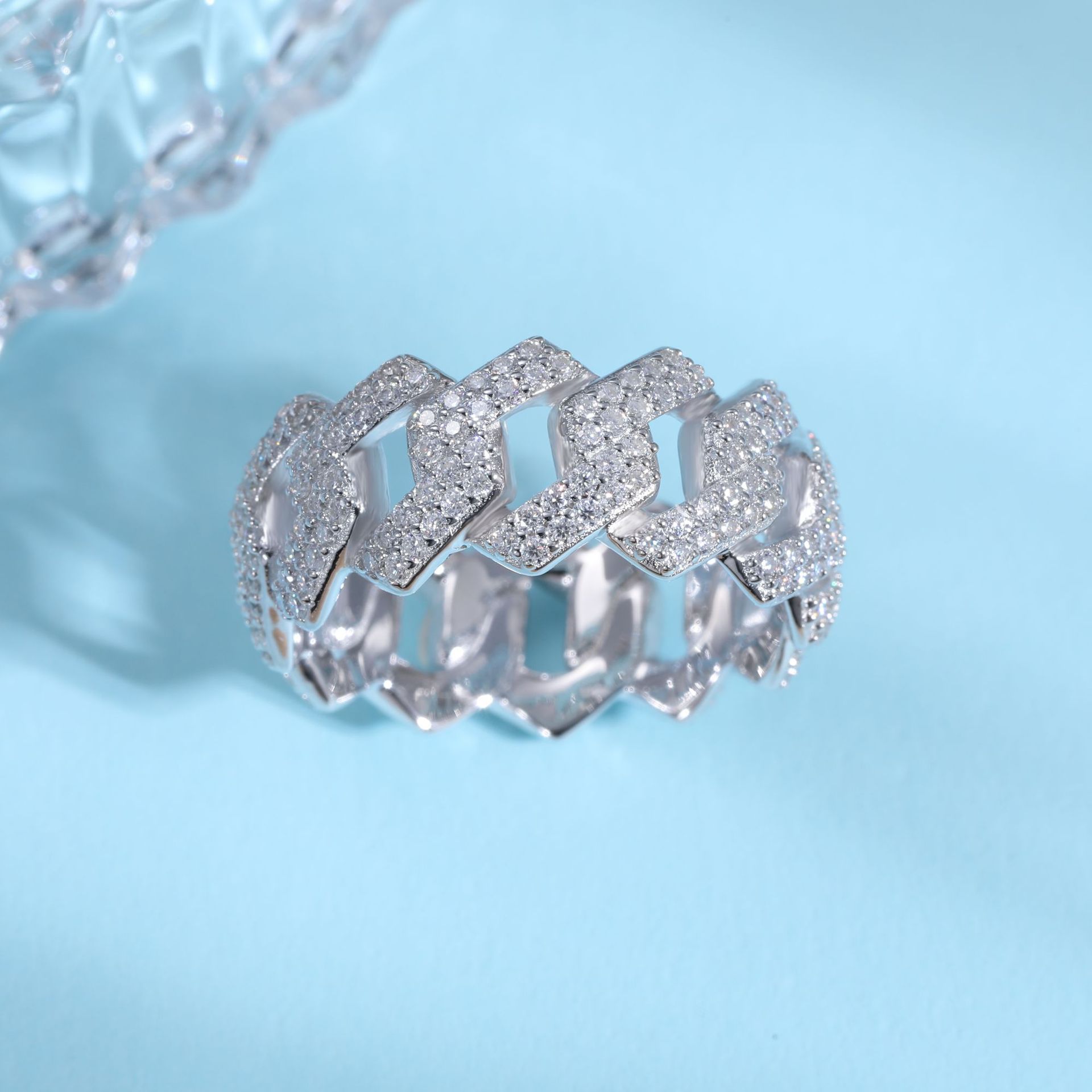 Vintage Sterling Silver Cuban Chain Ring With Moissanite For Men_voghion.com