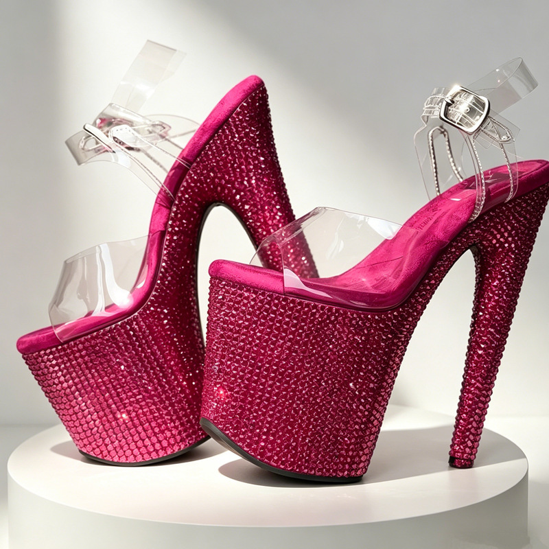 Rose Red Crystal Diamond Pole Dance Sandals with Super High Heels 20cm 8inch Waterproof Platform Women's Stage Sexy Shoes
