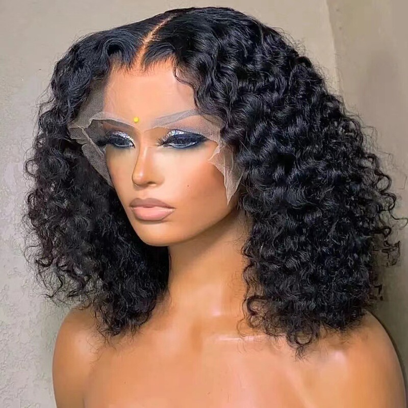 2024 New Lace Front Wig Amazon Cross-Border Middle Part African Small Curly Afro Synthetic Fiber Wig Headgear