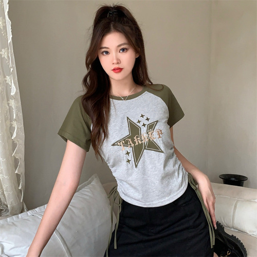 Vintage American Star Short Sleeve Square Neck T-Shirt for Women, Unique and Niche Design, Short Length with Straps and Drawstring, Hot Chick Top