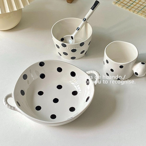 Especially Beautiful Ins Korean Black and White Simple Polka Dot Ceramic Double-Eared Asymmetrical Bowl Household Instant Noodle Bowl Soup Noodle Bowl