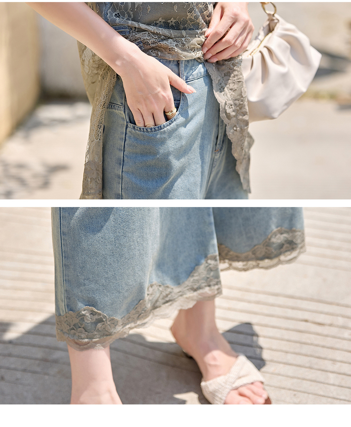 Bộ quần áo hai mảnh gồm áo phối ren và quần jeans ống rộng nữ — Màu ảnh chi tiết 22