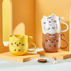 Children's cute cartoon mouthwash cup with kitten, student bathroom toothbrushing cup, fashionable and fall-resistant plastic handle cup