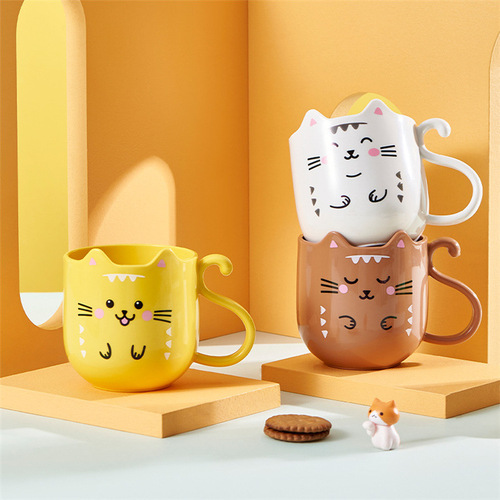 Children's cute cartoon mouthwash cup with kitten, student bathroom toothbrushing cup, fashionable and fall-resistant plastic handle cup