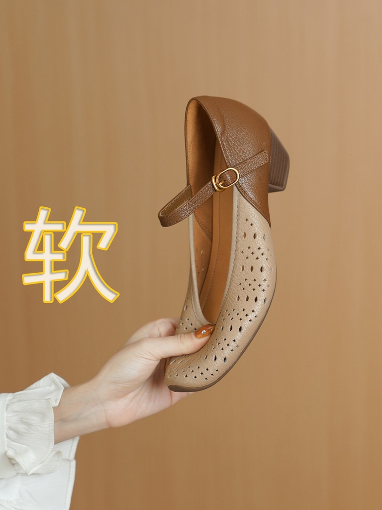 Giày da cừu nữ mũi tròn bít gót trung đế mềm lỗ thoáng khí — màu đen, màu mơ chi tiết 22